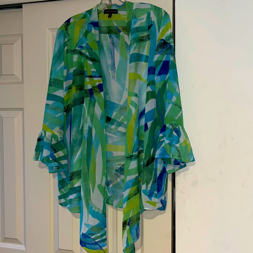 Slinky Dry Cleaned 100% Polyester Blue Green Lightweight Open Cardigan Size XL